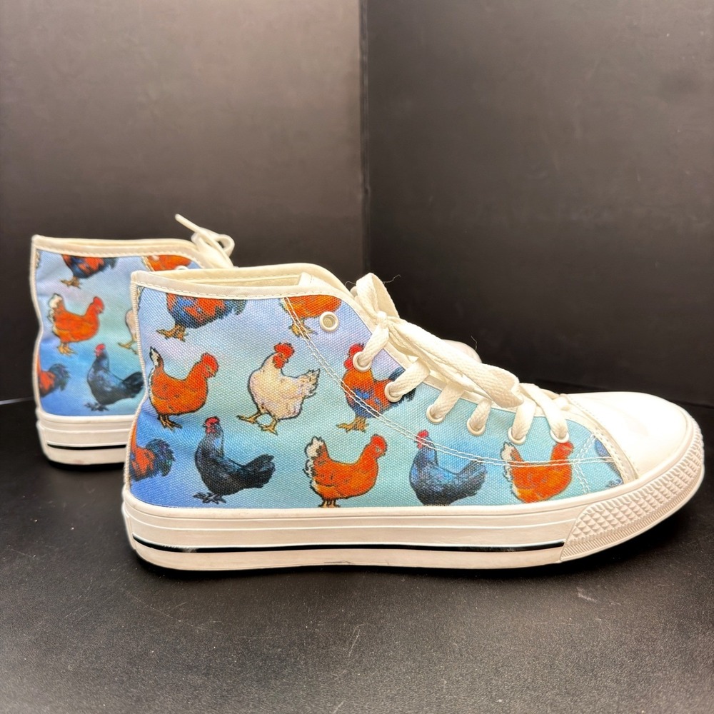 Chicken Rooster Print Canvas High Top Sneakers Mens 9 Womens 10 Blue Multicolor